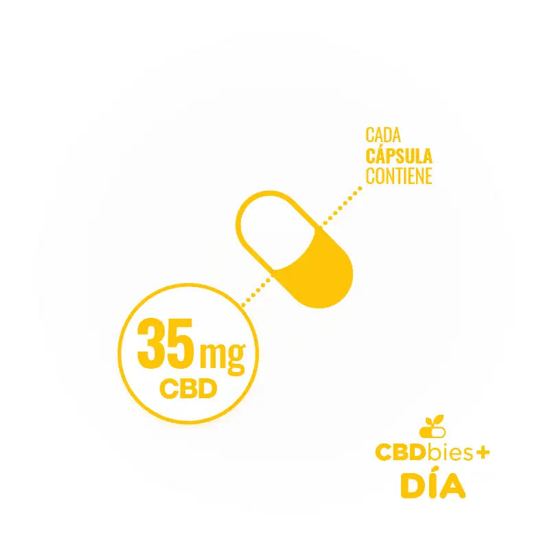 Bote de cápsulas de CBD de 35 mg CBDbies+ Día. Contiene 30 cápsulas.