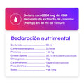 Gotero con 6000 mg de CBD derivado del cáñamo (hemp) en 30 ml de tintura. Tabla de declaración nutrimental.