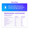 Dormitas. 300 mg de CBD derivado del cáñamo (Hemp) en 15 gomitas de 20 mg de CBD cada una. Tabla de Declaración Nutrimental de Dormitas.