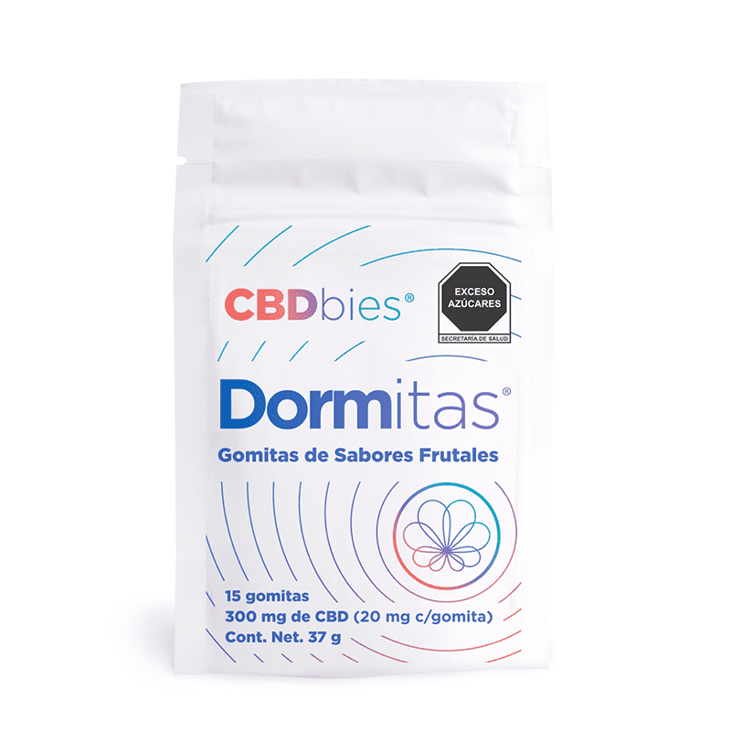 Paquete de gomitas de CBD Dormitas con 20 mg cada una. Incluye 15 gomitas.